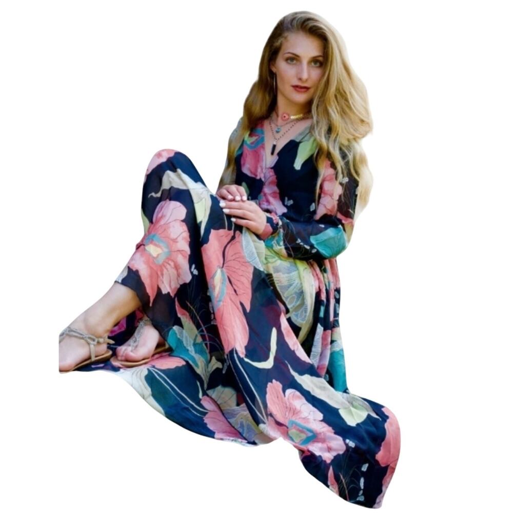 Anthropologie Aakaa Formal Maxi Dress Sz Small BLACK PINK Floral Wedding Elegant - Picture 12 of 15
